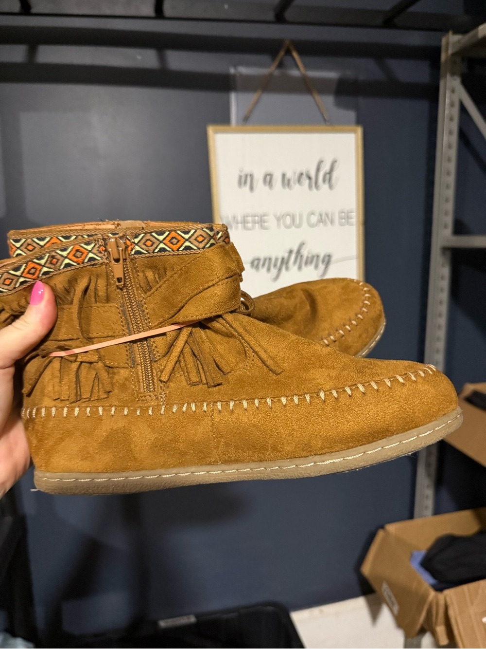 Soda Tan Suede Fringe Moccasin Boots with Embroidered Trim